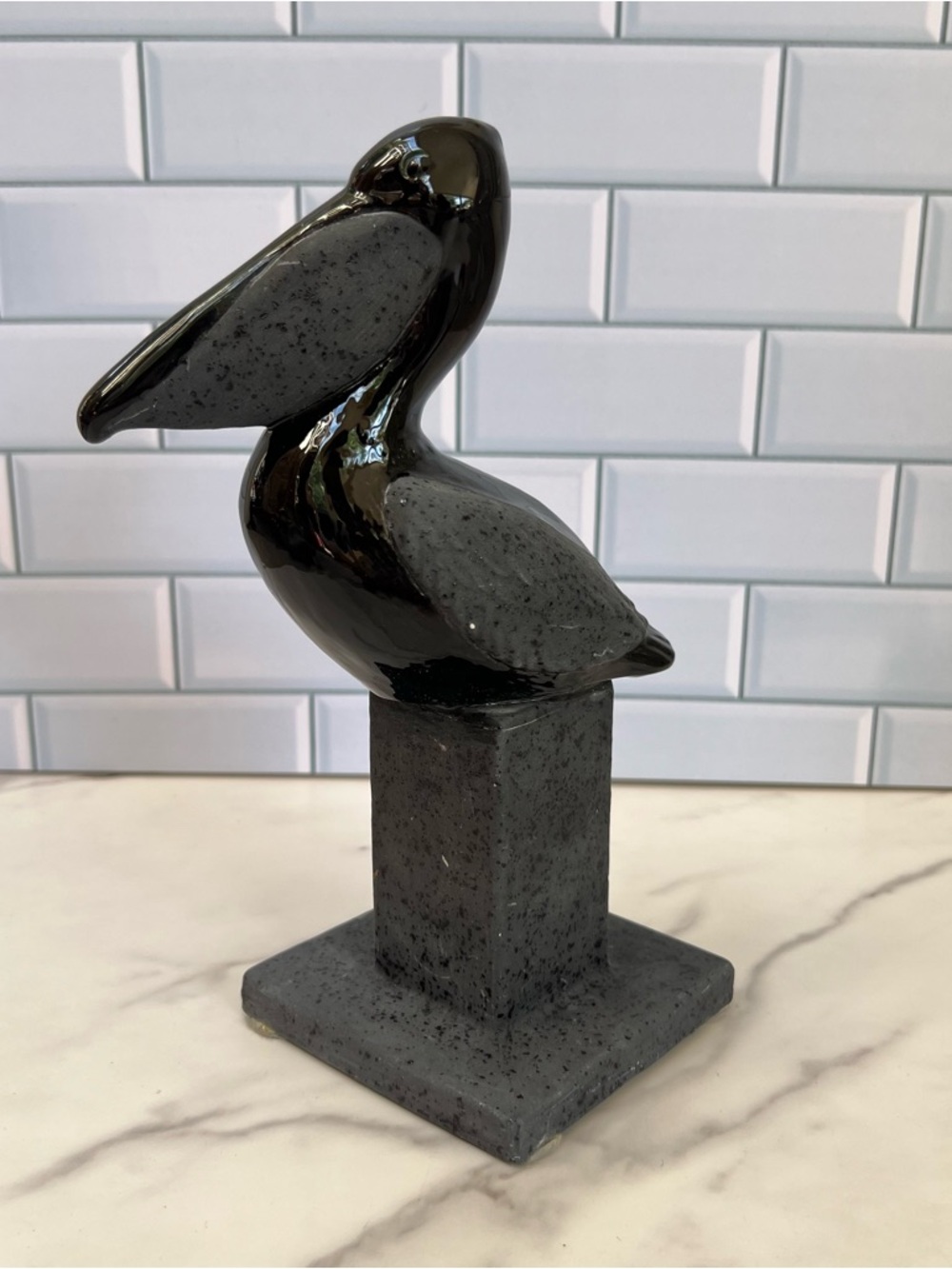 Vintage 80s Pelican Figurine Black Ceramic Nautical Coastal Home Decor 9.5” H